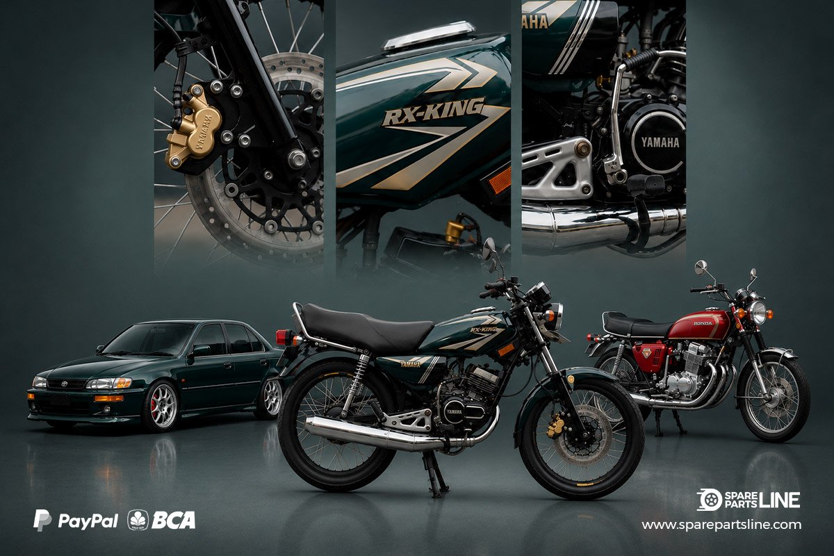 Automotive parts for cars and motorcycles worldwide featuring Yamaha RX-King, Toyota Corolla, and Honda CB