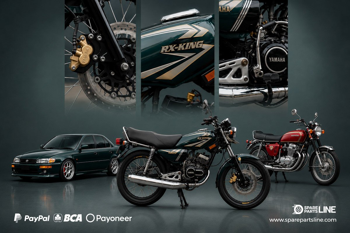 Parts for cars and motorcycles worldwide featuring Yamaha RX-King, Toyota Corolla, and Honda CB